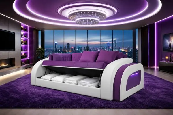 Futuristic white and purple convertible lounge couch with open storage compartment.