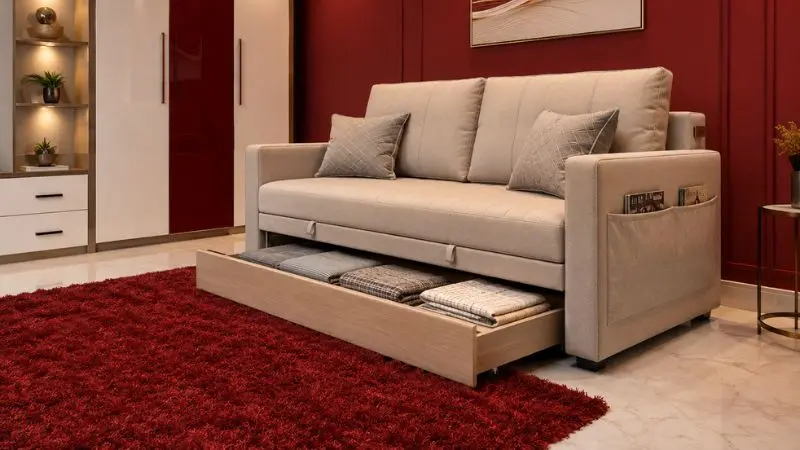 Modern beige sofa bed with open storage drawer in a red luxury bedroom.