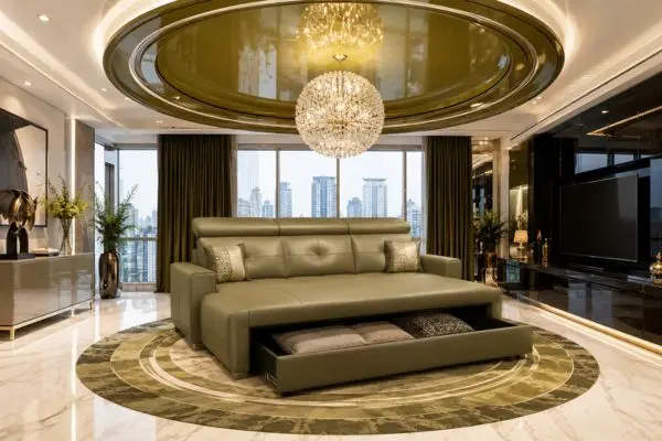 Olive green leather lounge couch with open pull-out drawer on a circular rug.