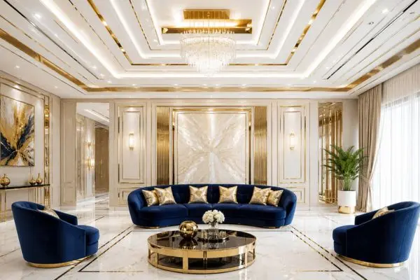 Luxury home interior layout with a modern curved velvet couch and upscale gold lighted ceiling panels.