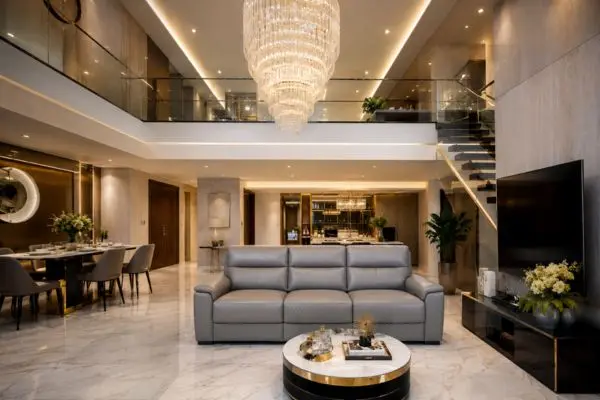 A neat grey leather couch sitting neatly under a large glowing crystal chandelier inside a luxury living room.