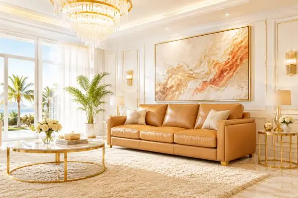 Premium tan leather sleeper sofa designs showing benefits in bright luxury living room layout