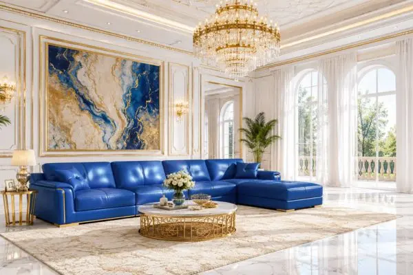 Different types of leather sleeper sofa designs in bright royal blue luxury interior layout