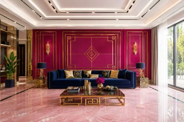 Premium designer couch setup in an upscale living space with luxury pink and gold geometric wall panels.