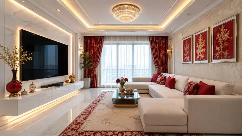 Luxury modular sectional sofa inside a bright modern small living room layout.