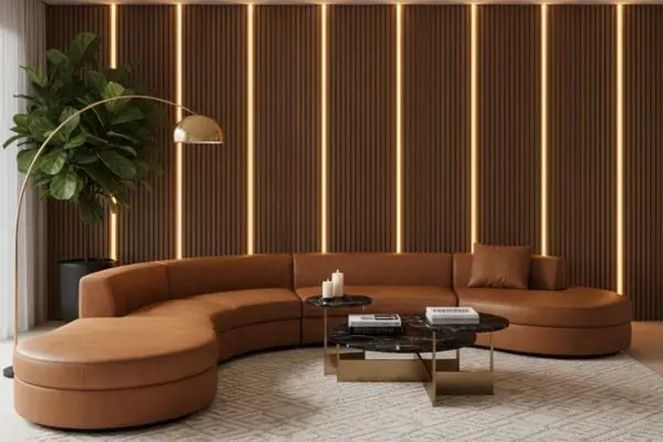 A premium cognac tan leather round sofa arranged in a luxury contemporary living room with a dark wood slatted accent wall and warm LED lighting.