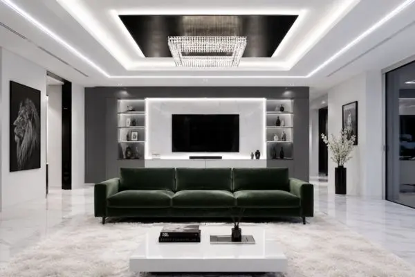 Sleek gray and white media wall with built-in television console.