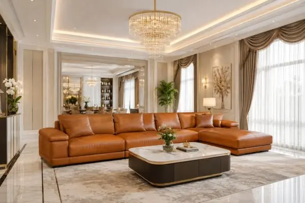 Trending cognac leather sectional sofa in a bright luxury living room under a crystal chandelier.