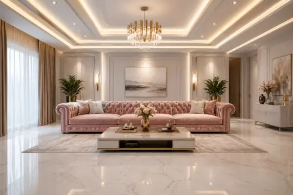 A fully visible luxury dusty pink tufted velvet sofa inside a spacious modern living room with warm multi layered false ceiling lighting.