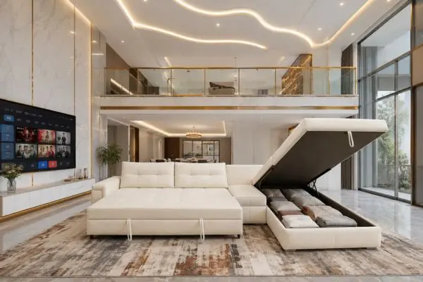 Luxury cream sectional storage sofa bed with open chaise in a high-ceiling living room.