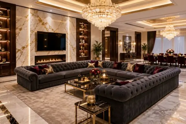 An elegant charcoal gray Chesterfield couch in a luxury warm lit living room