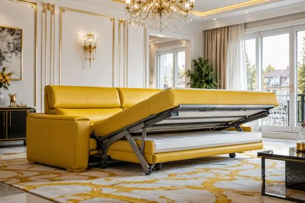 yellow leather sofa bed with visible folding metal mechanism in bright luxury living room