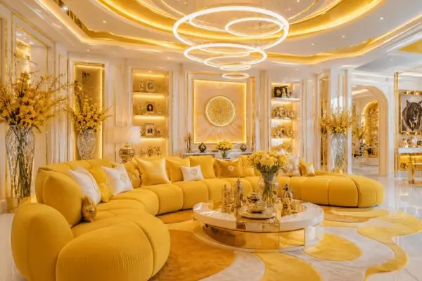 Modern yellow modular Dune Sofa in a luxury gold and white themed living room with neon ceiling lights.