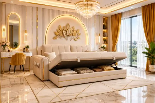 Beige sofa bed with open under-seat storage in a luxury mustard yellow bedroom.