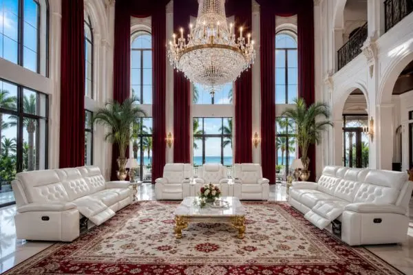 White leather sofa recliner sets in a grand luxury living room