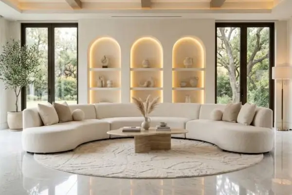 Modern luxury white bouclé segmented furniture couch against a lit architectural arched wall