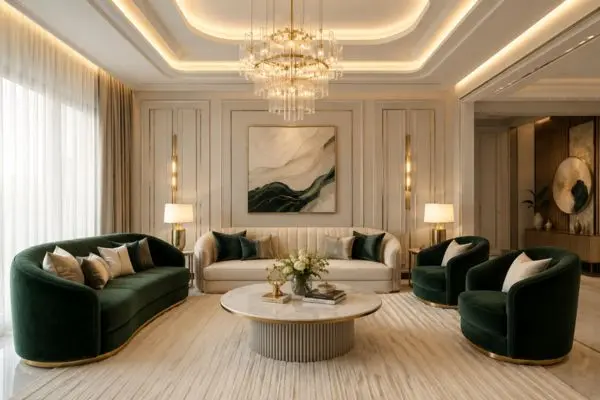 Luxury emerald green living room sofa set with modern warm ceiling lighting