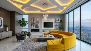 A vibrant mustard yellow round sofa placed in a modern luxury penthouse living room with a glowing false ceiling, marble floor, and floor-to-ceiling glass windows.
