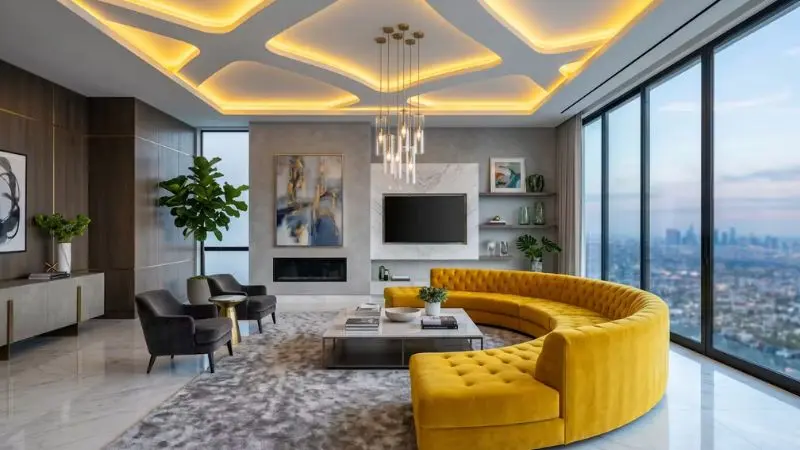 A vibrant mustard yellow round sofa placed in a modern luxury penthouse living room with a glowing false ceiling, marble floor, and floor-to-ceiling glass windows.