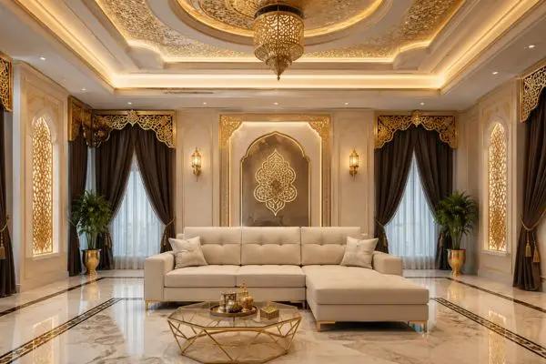 Modern small sectional sofa designs in an Arabian luxury living room layout.
