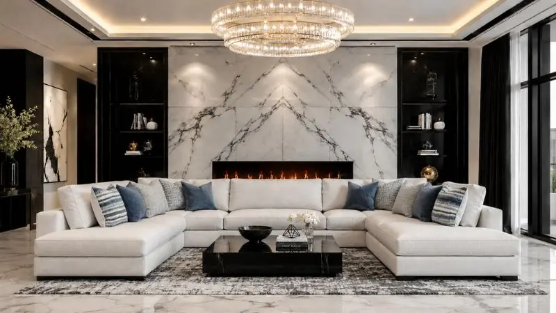 Modern white sectional couch design in a luxury living room.