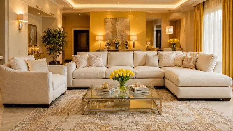 A luxurious cream Ashley sofa set paired with a trendy mustard yellow couch in a bright living room.