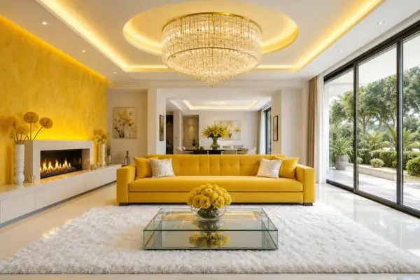 Modern premium seating couch fully visible on a white shaggy rug in a luxury living room layout
