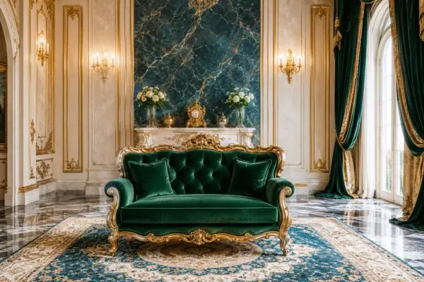 Royal emerald green two seater velvet couch with antique gold carvings in a palace interior.