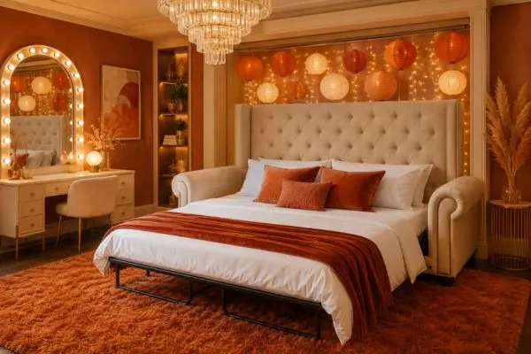 Comfortable unfolded cream sleeper frame padding setup sitting on a shaggy orange carpet inside a warm terracotta bedroom.