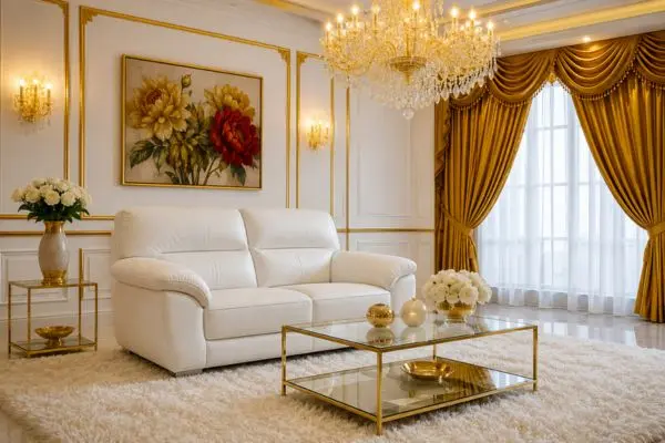 A single compact white seating unit in a luxurious gold and crimson accented living room.