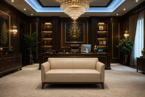 Premium light beige leather lounge sofa setup next to a walnut desk configuration.