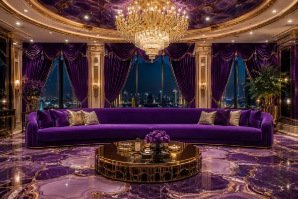 Luxury royal purple single cushion bench seat sofa in an opulent grand living room