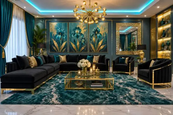 Complete luxury black velvet sectional sofa set with gold trim on a teal rug in a modern living room.