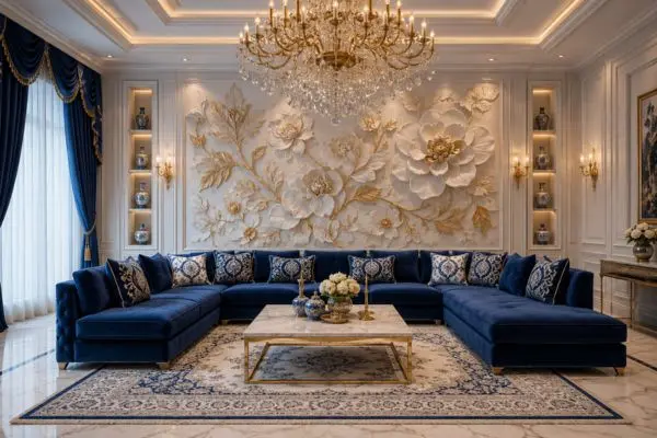 Luxury navy blue sectional sofa as a stunning focal point in an elegant living room layout