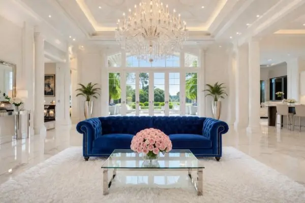 A luxury blue velvet sofa as a centerpiece in a bright white mansion living room.
