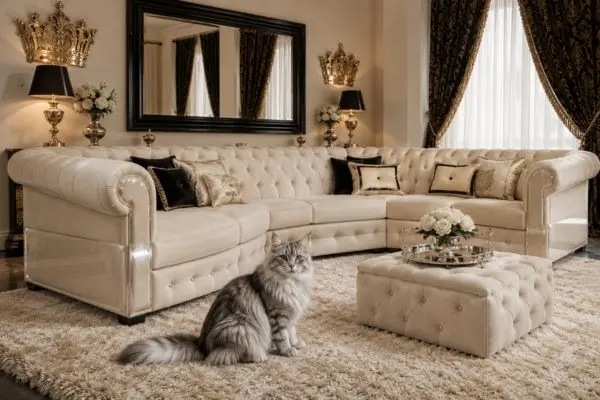 A fluffy long-haired silver Maine Coon cat sitting on a shaggy rug in front of a beige tufted couch with clear protectors.