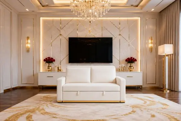 Premium white compact 2 seater small pull out sofa in a wide luxury gold interior.