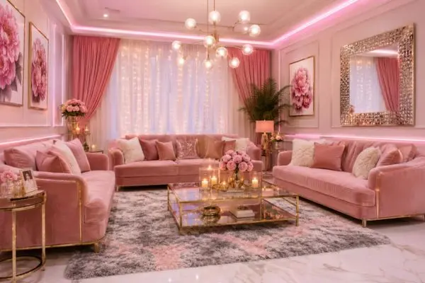 A complete bright pink luxury modern sofa set layout in a well-lit living room.