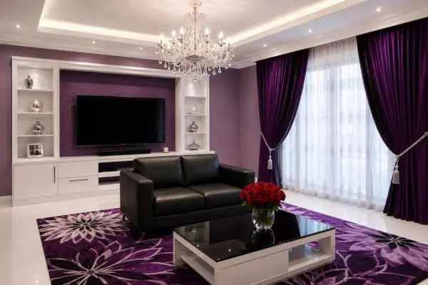 Modern dark leather couch layout positioned in a contemporary purple and white lounge.