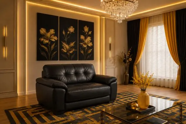 A single luxury compact black leather sofa with gold accents in a premium modern living room.