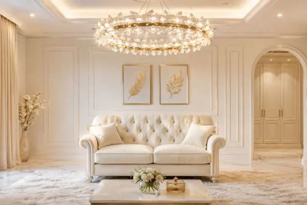 Elegant cream small loveseat sofa under a crystal chandelier in a modern luxury living room.