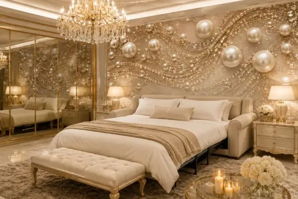 Luxury sleeper sofa bed mattress unfolded in an ivory bedroom with pearl wall art.