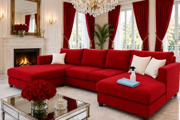 A spotless red fabric couch showing how to clean a couch for premium living room comfort