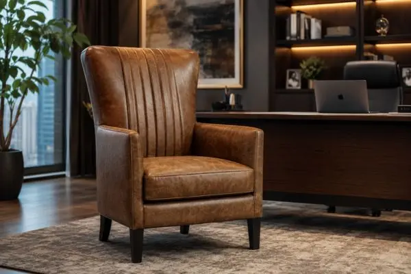 Executive tan leather office sofa chair with a stitched vertical back design.