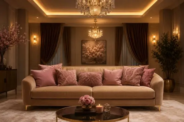 Cozy warm beige sofa styled with comfortable pink throw pillows in a luxurious living room
