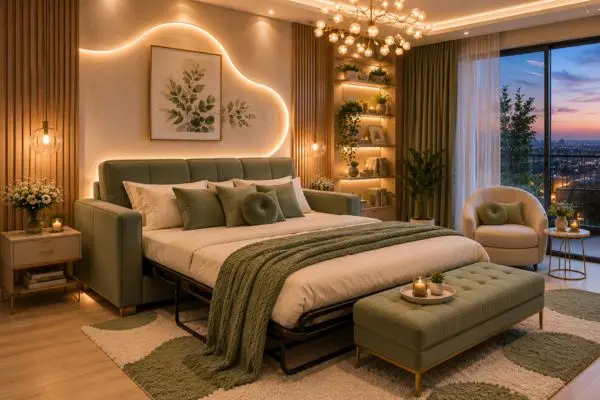 Extended sage green pull out sofa bed in a cozy bedroom with warm accent lighting.