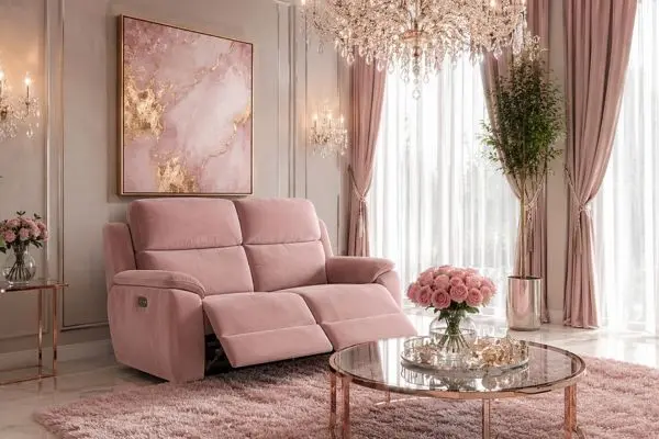 A luxury blush pink small reclining sofa with double extended footrests in a rose gold theme room.