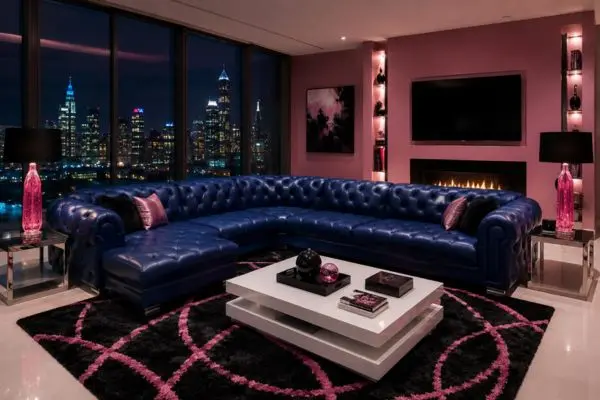High-quality blue leather sofa in a luxury neon pink penthouse living room.