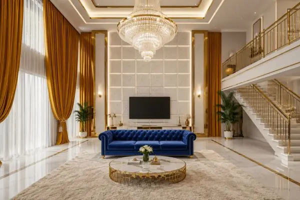 A single royal blue velvet chesterfield sofa in a luxury white and gold living room setup.