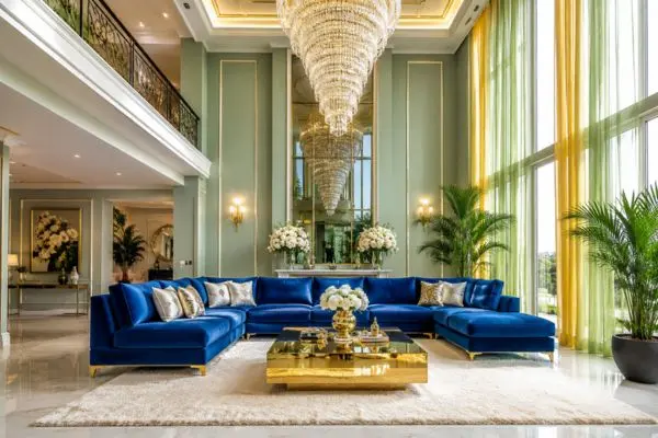 Royal blue plush velvet couch paired with gold coffee table and green indoor plants in a luxury living room layout